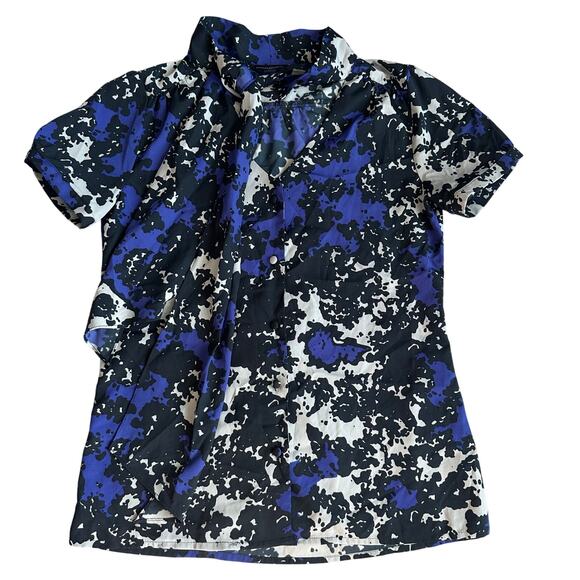 Banana Republic Blue/Black/White Splatter Print Short Sleeve Tie Front,Blouse- S - Picture 1 of 10